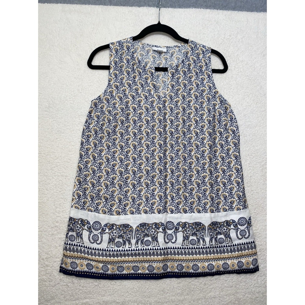 J Jill Love Linen Tunic Top Size XS Elephant Pattern Pockets